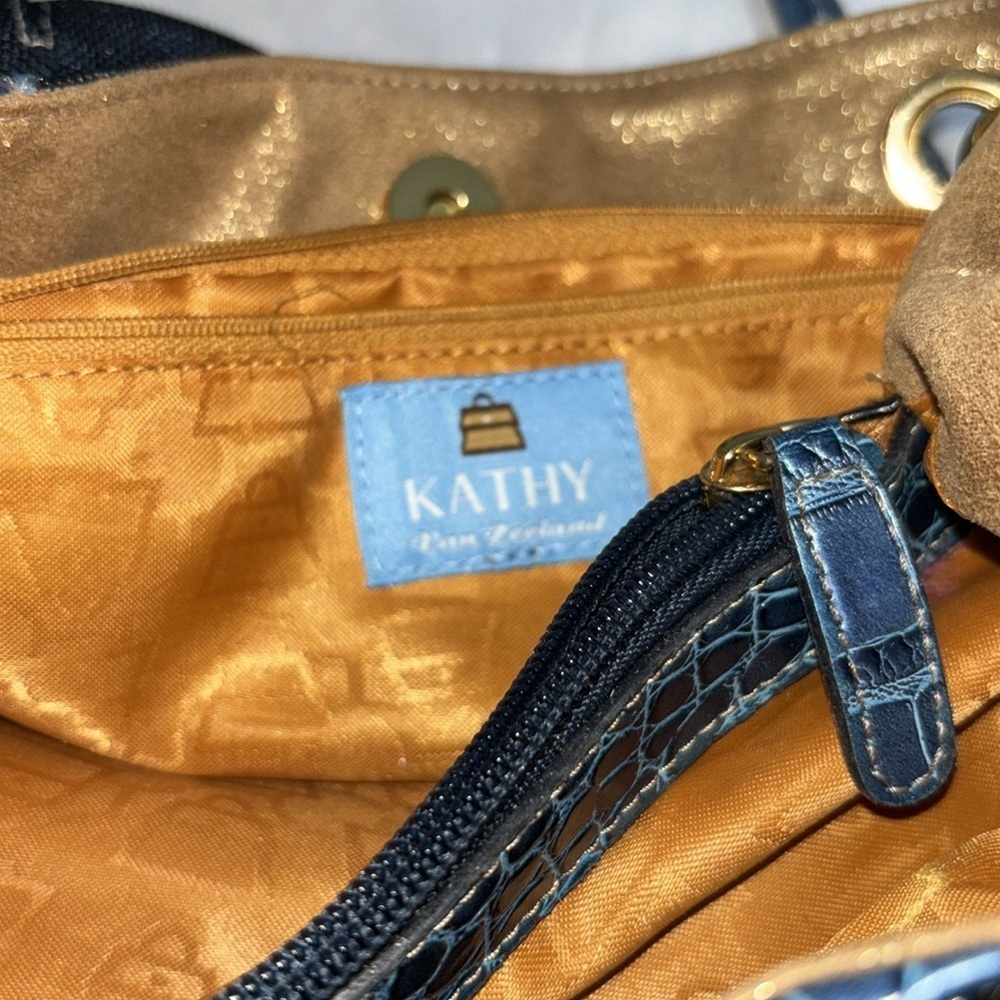 Kathy Van Zeeland Navy Canvas Faux Croc Double Strap Satchel Shoulder Bag Y2K - Picture 11 of 15